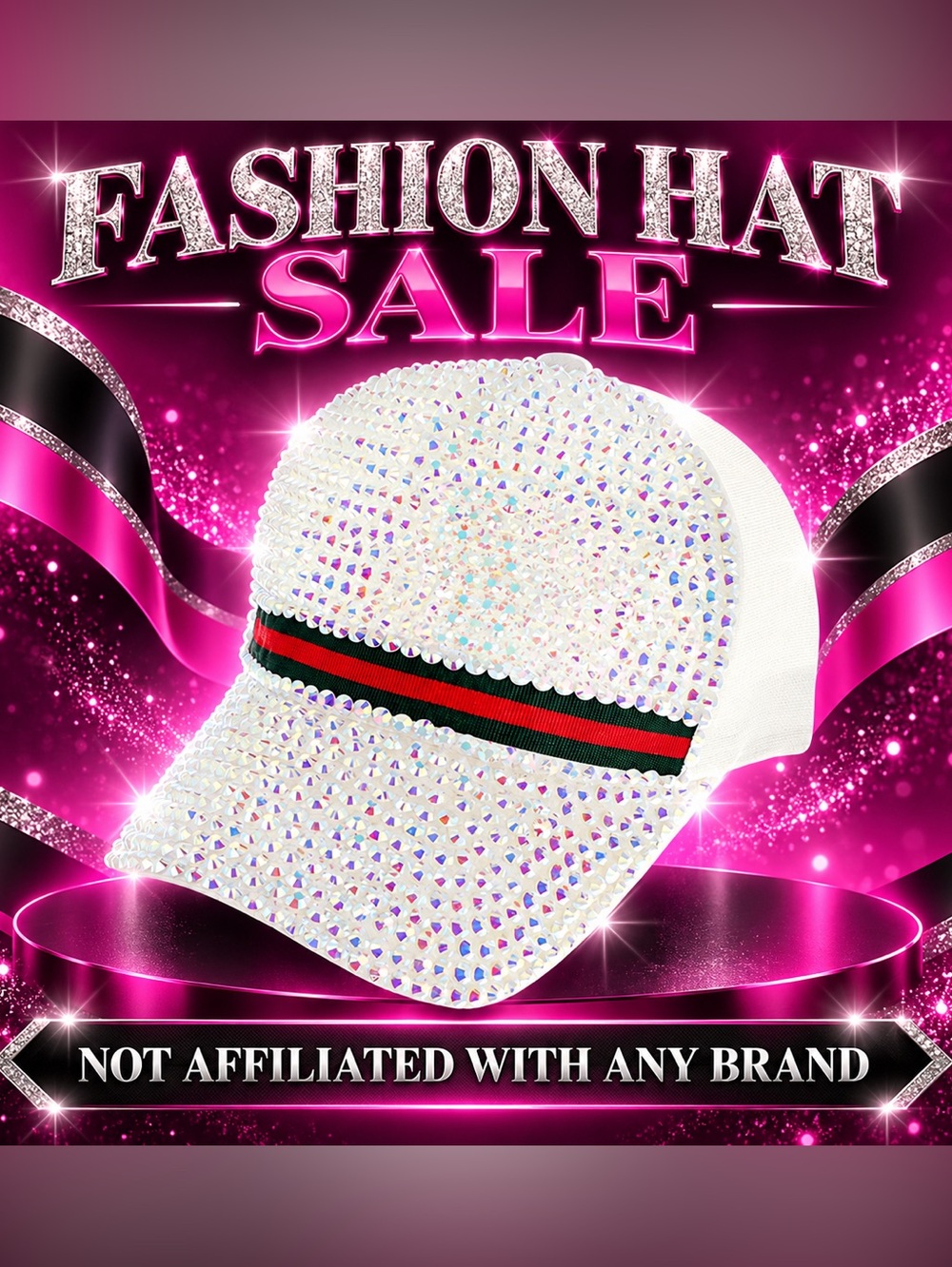 Crystal Embellished White Baseball Cap with Red & Green Stripe
